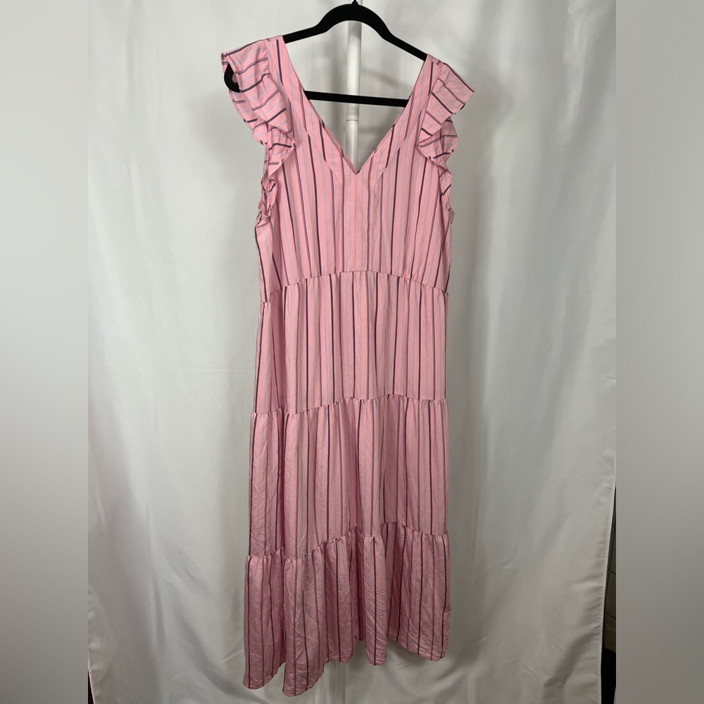 Loft Pink Midi Dress With Blue And Red Stripes Size L
